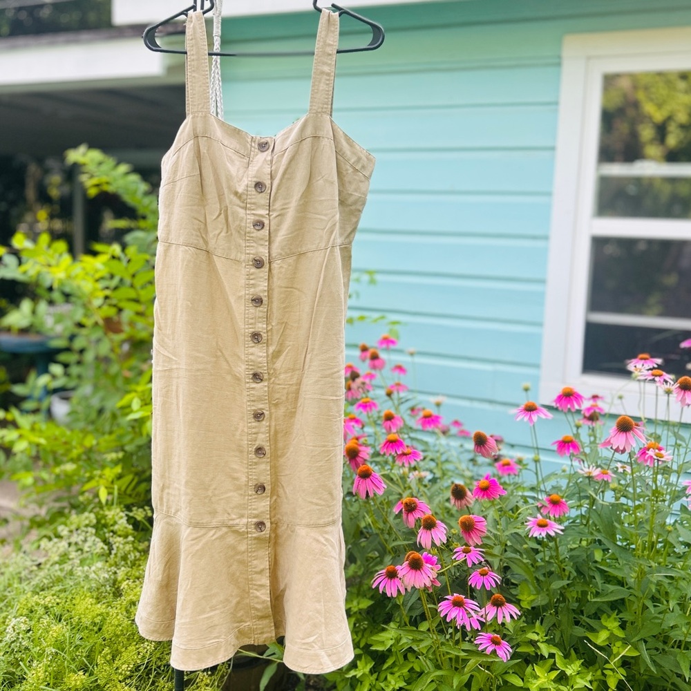 Tan Button-Down Dress, linen, cotton and flax, made in India